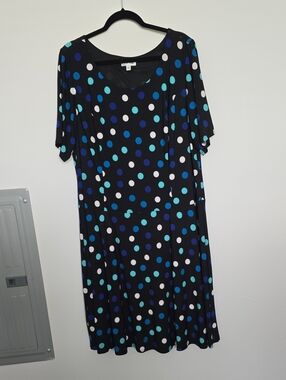 Jones Studio Black Polka Dot Midi Dress with Blue, Teal & White Dots